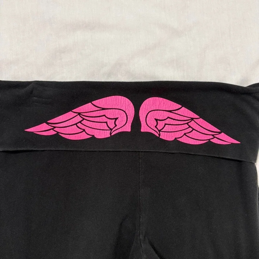 Victoria's Secret black pink angel wing fold over flare yoga pants size M Y2K